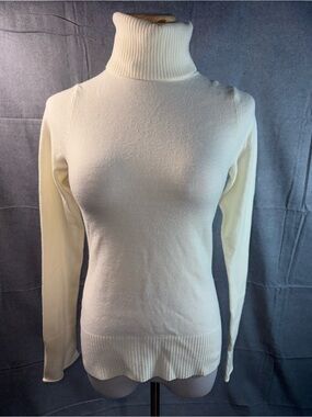 2143-Vintage Takeout Cream Turtleneck Slim Ribbed-Hem Sweater